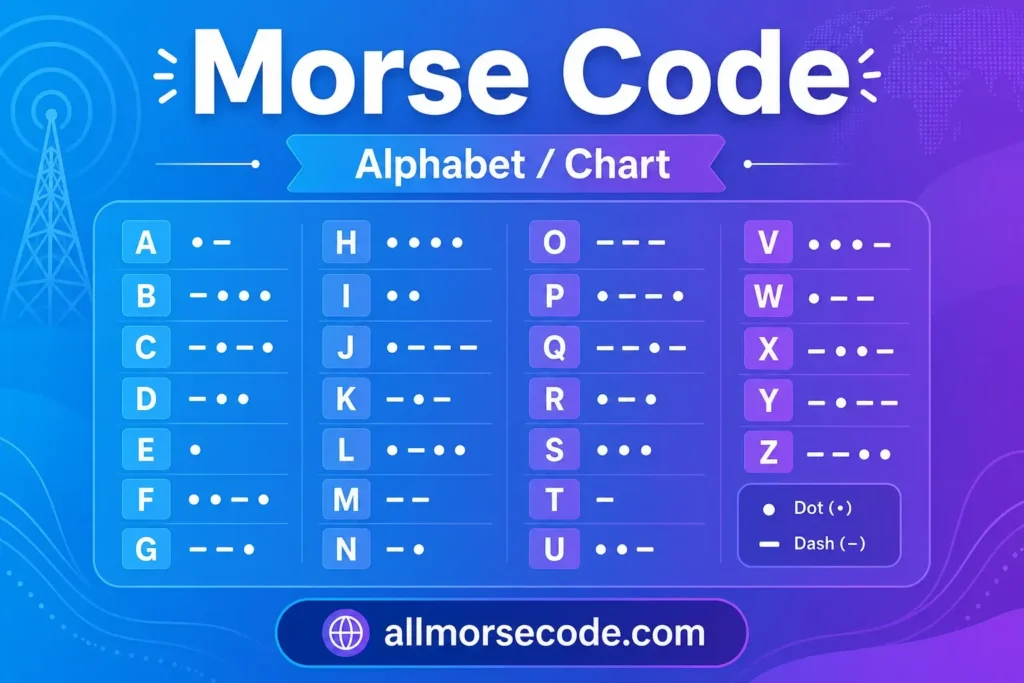 Morse code alphabet chart showing dot and dash patterns for all 26 letters A to Z