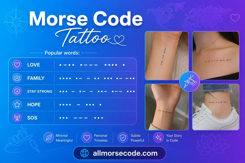 Morse code tattoo design showing hidden word pattern using dots and dashes on skin