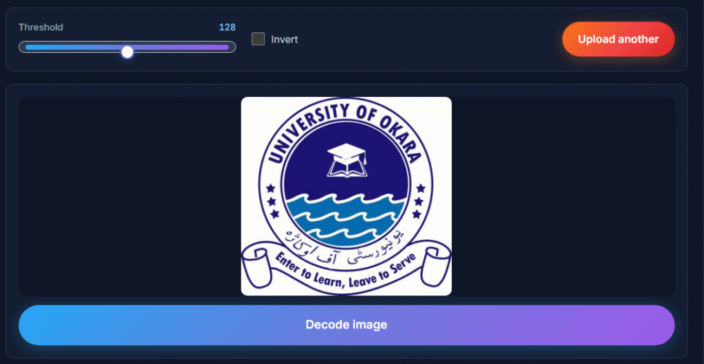 Morse Code Image Translator 4 Morse code image translator showing threshold slider and decode image button with a sample university logo uploaded