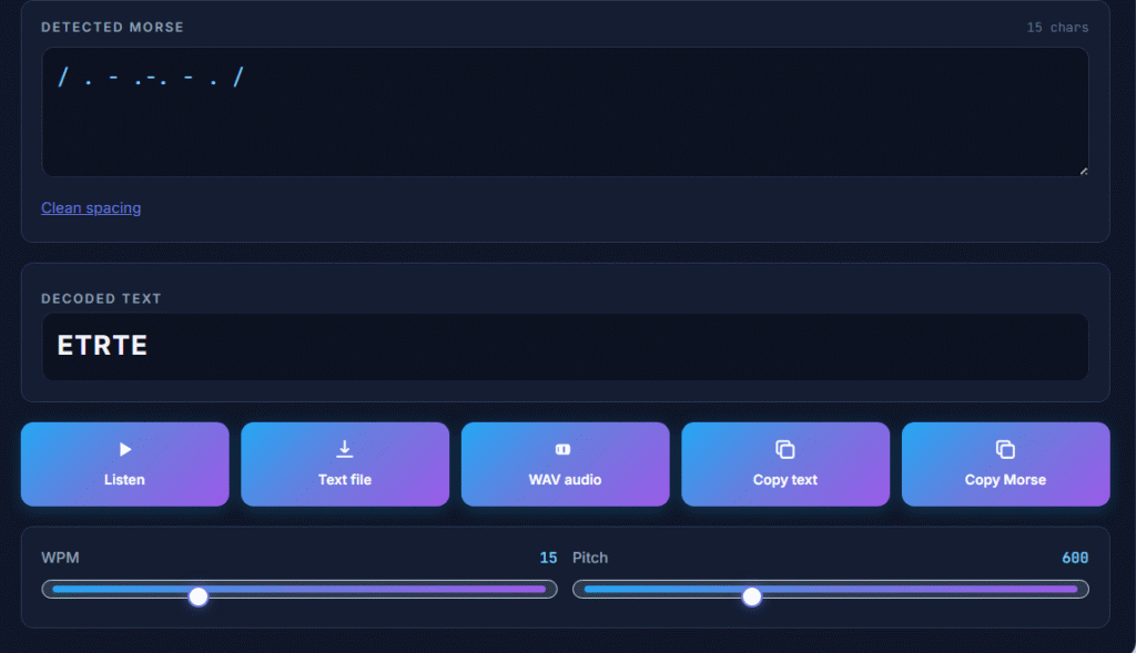Morse Code Image Translator 5 Morse code image translator results showing detected morse code, decoded text output, and options to listen, download WAV audio, copy text or morse code