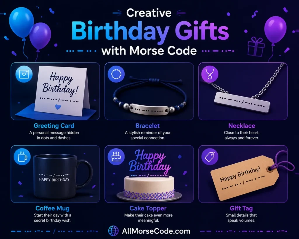 Creative birthday gifts with Morse Code including card, bracelet, necklace, mug, and cake topper