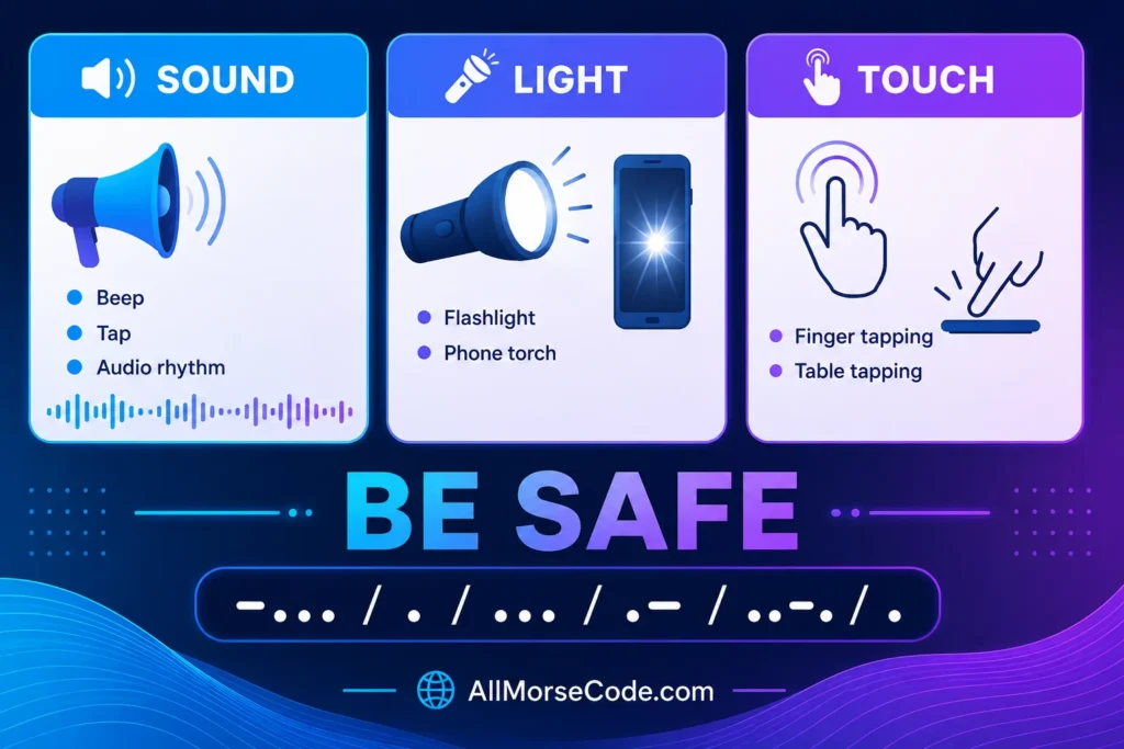 Different ways to send Be Safe in Morse code using sound light and tapping