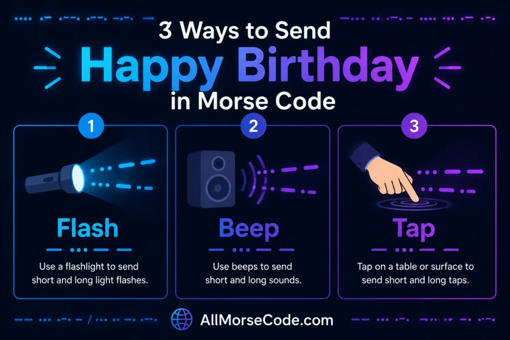 Three ways to send Happy Birthday in Morse Code using flashlight, sound, and tapping signals