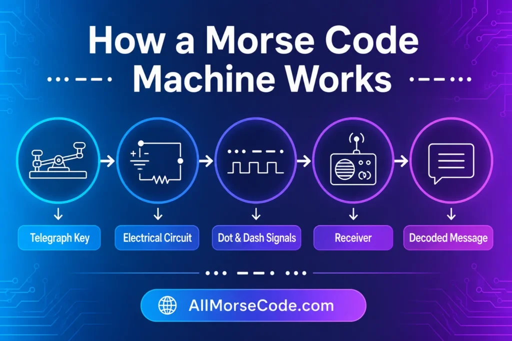Diagram showing how a Morse code machine sends electrical signals from key to receiver