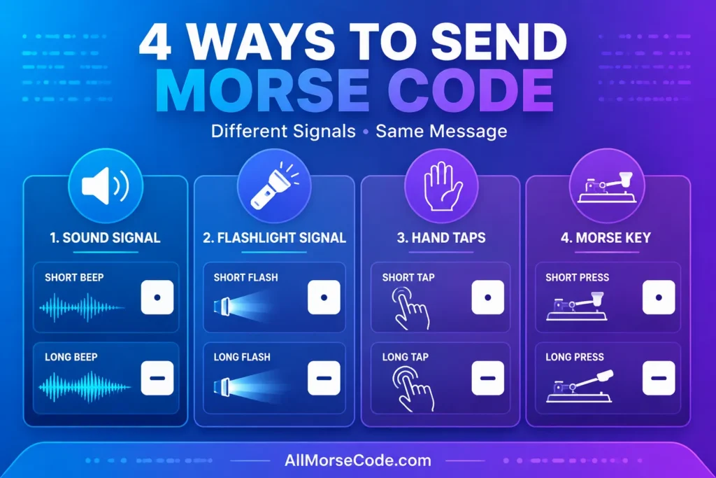 Ways to send Goodbye in Morse Code using sound flashlight hand taps and Morse key