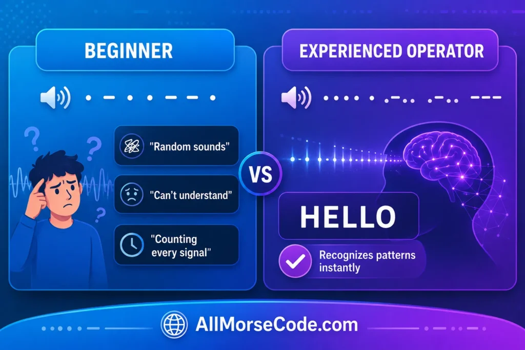 Beginner and expert comparison showing how Morse code sounds before and after practice