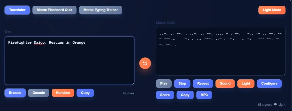 Morse code translator converting Firefighter Daigo Rescuer in Orange text
