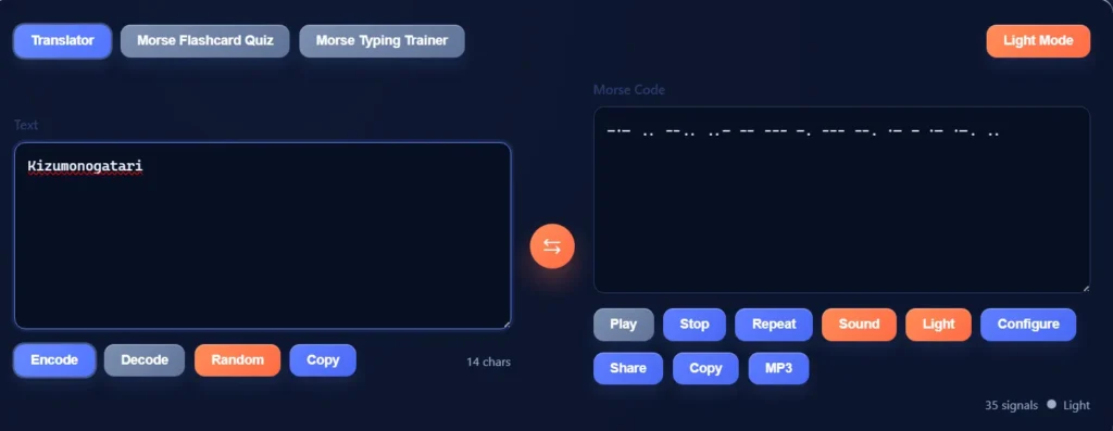 Morse code translator showing Kizumonogatari conversion result