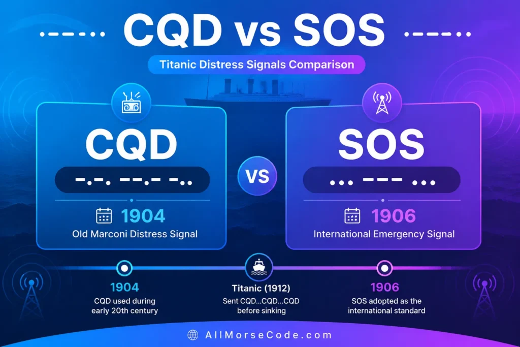 Comparison of CQD and SOS Morse code distress signals used by Titanic