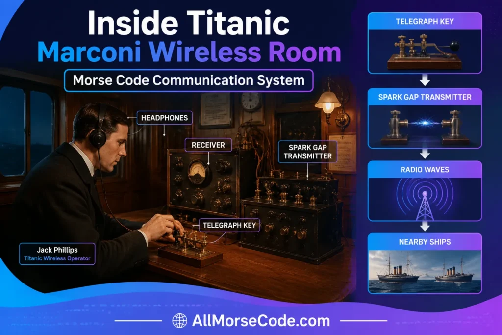 Inside Titanic Marconi wireless room showing telegraph equipment used to send Morse code