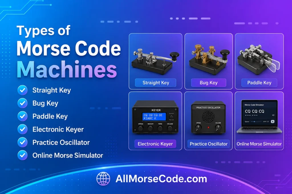 Comparison of straight key bug paddle electronic keyer practice oscillator and online Morse code machine