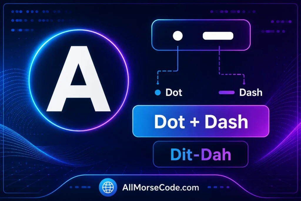Letter A Morse code breakdown showing one dot followed by one dash