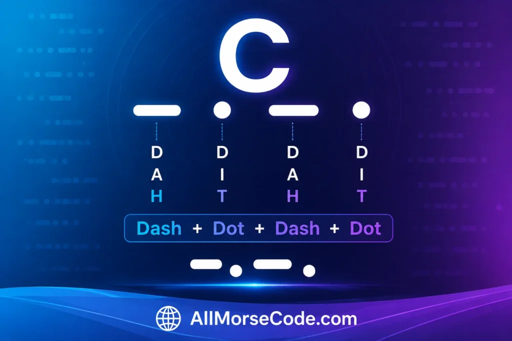 C in Morse code breakdown showing dash dot dash dot pattern