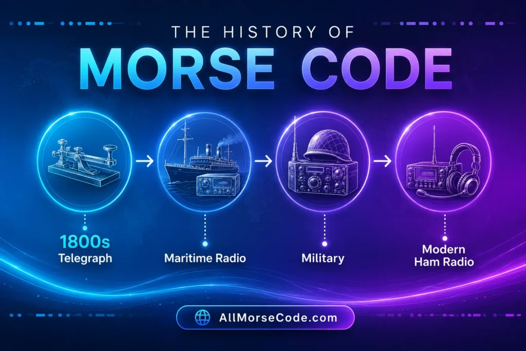 Timeline showing the history of Morse code abbreviations from telegraph to amateur radio